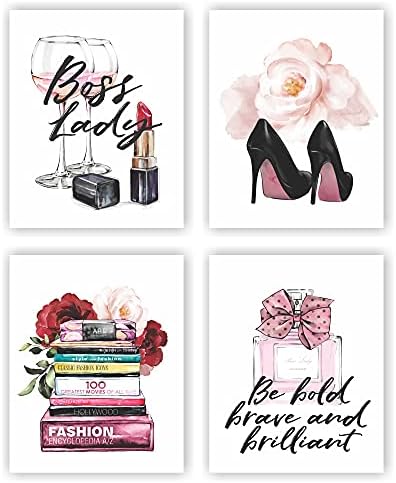 Eleville 8X10 Unframed Set of 4 Fashionable Style Girl Artwork Boss Girl Inspirational Quotes Saying Excessive Heels Watercolor Artwork Print Inspirational Wall Artwork for Children Room Nursery Decor wgn225