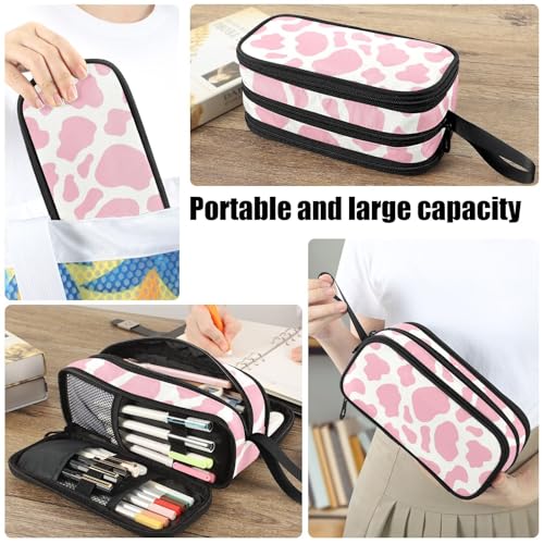 Image of Fustylead Pink Cow Print Large Pencil Bag Storage Pen Case Makeup Pouch Stationery Bag for School College Office Organizer