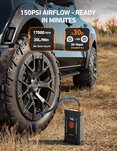 Image of AstroAl A30 Jump Starter with Air Compressor, 4000A &150PSI Portable Car Battery Jump Starter (10.0 Gas /8.0LDiesel) with Tire Inflator, 12V Battery Charger, 18W Quick Charge, Jumper Cables, Lights