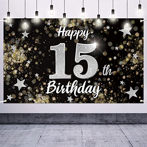 Nelbiirth Happy 15th Birthday Decorations,15th Black & Silver Dream Star Large Birthday Banner Backdrop Sign - Cheers to Fifteen Years Old Bday Party Decoration.