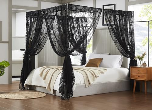 Warm Home Designs Lace Canopy Bed Curtains Set Consists of 8 48 x 78 Black Canopy Curtains with Tie-Backs. Queen Canopy Bed Curtains or King Bed Canopy Curtains for Gothic Bedroom Decor. LC Black