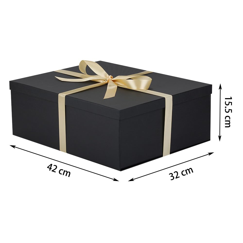 Grande scatola regalo nera con coperchio 42 x 32 x 15,5 cm, scatole regalo premium con coperchio e nastro per regali di San Valentino, Natale incluso carta velina schiacciata Biglietti busta