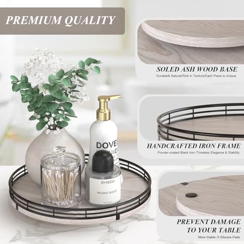 Image of 10 inch Oak Bathroom Vanity Tray Turntable for Perfume Candle, Round Wooden Decorative Tray for Kitchen Sink Countertop Organizer, Bathroom Counter Organizer for Skincare Makeup, Rustic Whitewased