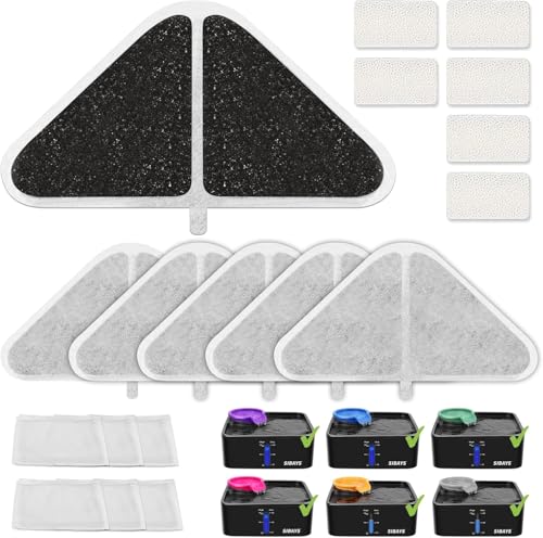 SIBAYS Filtro de fuente de agua de repuesto para fuente de agua para gatos de 7 litros, de carbón activado de grado alimenticio y algodón PP, 6 filtros + 6 malla + 6 esponjas