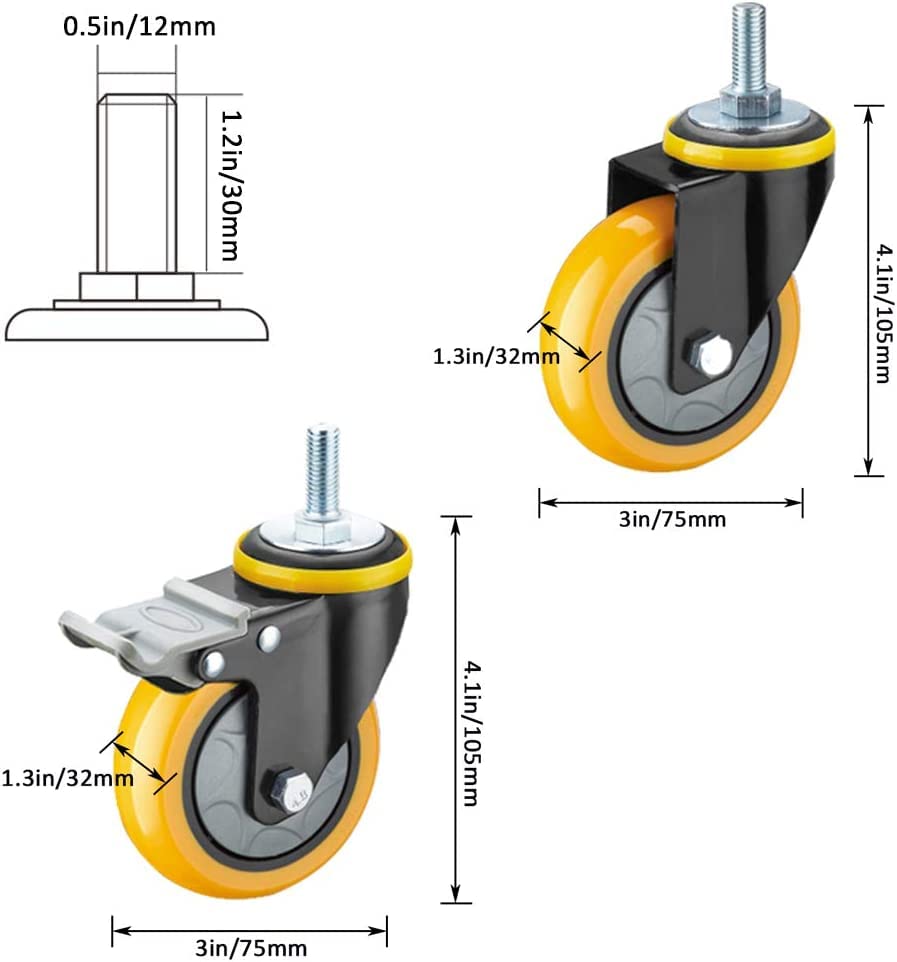 Ruedas para muebles, Ruedas industriales giratorias de alta resistencia(Universal+brake,3in)