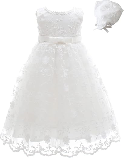 Meiqiduo Baby Girls Lace Christening Baptism Gowns Dresses with Bonnet
