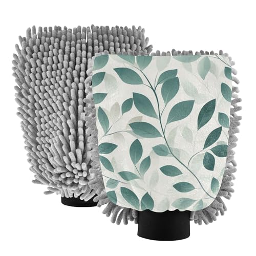 Wudan Retro Leaves Wash Mitten for Cars 2 Pack Car Clean Gloves Scratch Free Detailing Clean Rag for Hand Brush Cleaning