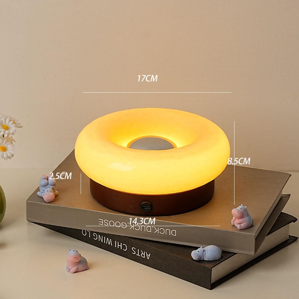 LED Donut Lampe Orange Glas Holz Tischlampe Akku USB Aufladbar Nachttischlampe mit Touch Schalter Rund Donut Tischleuchten Dimmbar Moderne Dekoration Kinderzimmer Licht für Wohnzimmer,Beige