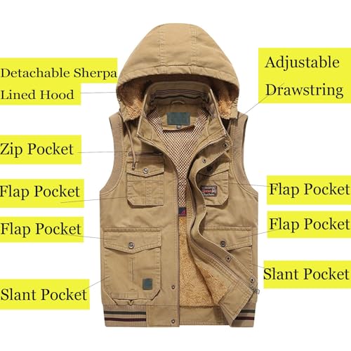 Flygo Men's Thickened Sherpa Lined Fishing Vest Outdoor Winter Warm Jacket with Removable Hood2