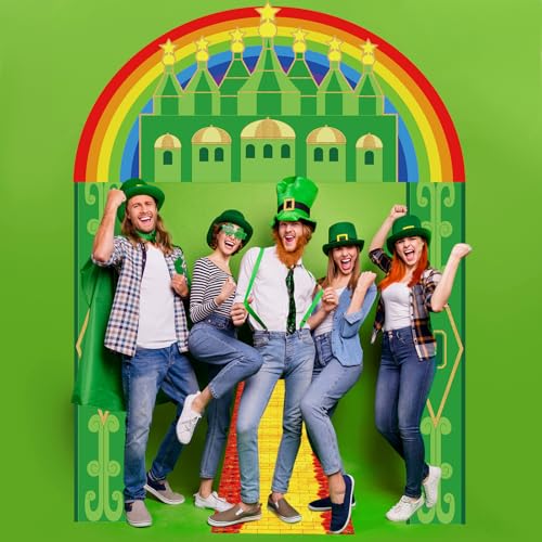 Image of Tingjoo 4 Pcs Green Castle Banner Yellow Brick Runner Entryway Party Decorations Emerald Backdrop Hanging Banner Yellow Brick Runner for Birthday Holiday Wizard Party