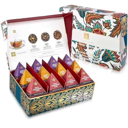 Teabloom Himalaya Chai Gift Set Organic Chai Tea Sampler with 12 Plant-Based Pyramid Sachets Elegant Presentation Box for Tea Lovers