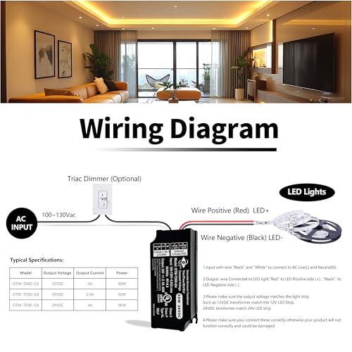 Image of Dimmable LED Driver, 60W 24V Triac ELV /MLV Compatible Electronic Transformer, 100-130V AC to 24V DC Power Supply, Low Voltage Lighting Project, Smooth Dimming, UL Listed, Class 2