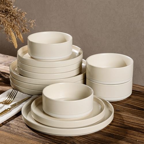 TheTerra Juego de vajilla de cerámica para 4, 12 piezas hechas a mano con esmalte reactivo, juego de platos resistentes a los arañazos, apto para horno, microondas y lavavajillas, color blanco mate