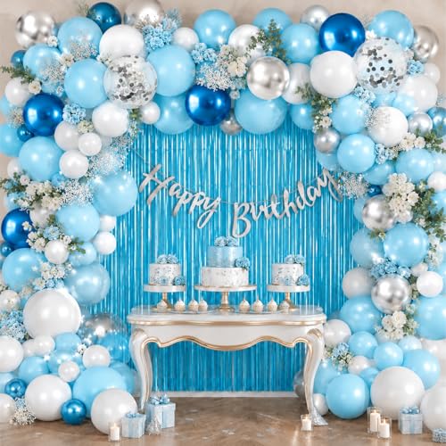 Image of Party Propz Pastel Blue Birthday Decoration Kit - 53 Pcs White, Blue and Silver Birthday Decoration Kit for Boys, Girls, Metallic Shiny Balloon Arch, Pastel Fringe Curtain, Birthday Banner (Cardstock)