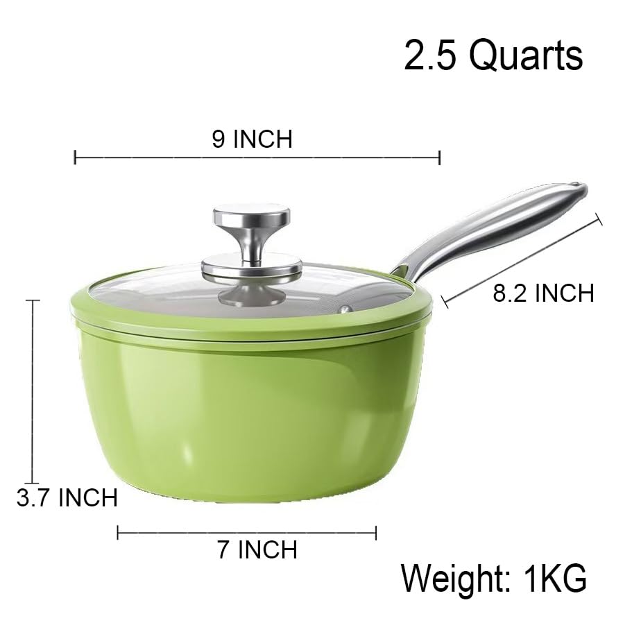 Image of Nonstick Ceramic Saucepan with lid, Small Cooking Pot with handle, Induction Comptable (Green, 2.5 Quarts)