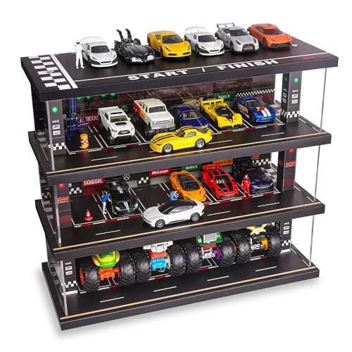 Display Case for Hot Wheels: Toy Car Garage with LED Lights Freestanding Parking Garage Diorama for 1/64 Diecast Cars 4-Level Storage Rack with 40 Spots Cars Not Included