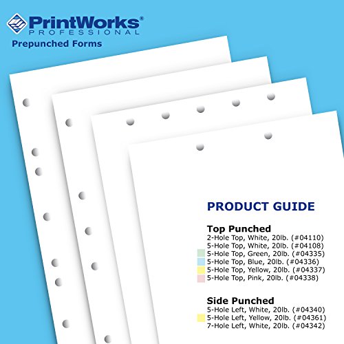 PrintWorks Professional Pre Punched Paper, 5 Hole Punch Left For 2 Ring & 3 Ring Binders & Side Fastener File Folders, 8.5 x 11, 20 lb, 500 Sheets (04340), White, 5-Hole Left Punched