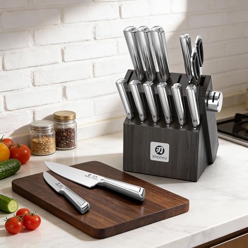 Image of imarku Japanese High Carbon Stainless Steel Knife Set with Block, Precision-Forged Gyutou Kitchen Knives with Built-in Sharpener, Ultra-Sharp 10-15 Edge, Ergonomic Non-Slip Handle, Dishwasher Safe