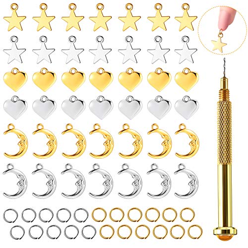 120 Pieces Dangle Nail Art Charms, 100 Pieces Nail Jewelry Rings and Nail Piercing Tools with Charms Jewelry Art Decoration Gold and Silver for Tips Acrylic Gels DIY Nail Decorations
