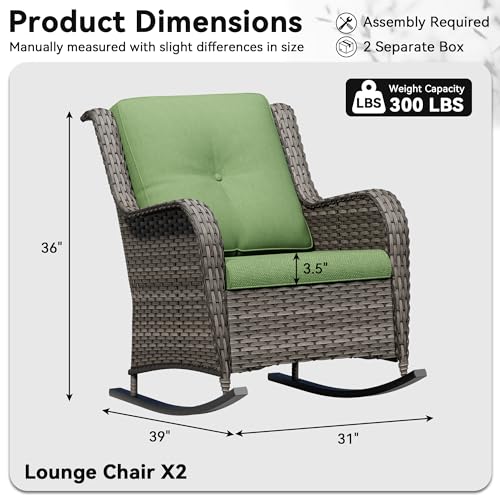 Image of Patio Rocking Chairs Set of 2, Outdoor Wicker Patio Furniture Set 2 Pieces with Thickened Olefin Cushions, High Back and Deep Seating, Hand-Woven PE Rattan for Porch, Deck, Green