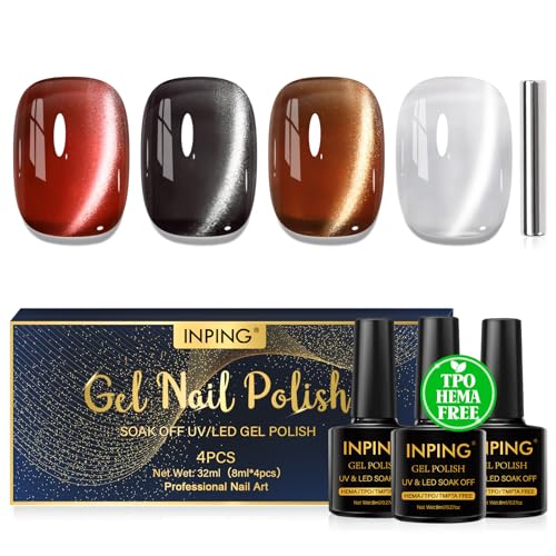 INPING Cat Eye Gel Nail Polish, TPO-FREE HEMA-FREE, 4 Colors Jelly Glassy Crytal Red Balck Brown Moonlight Magnetic Nail Polish with Magnet for Women DIY Manicure Salon, 8 ML