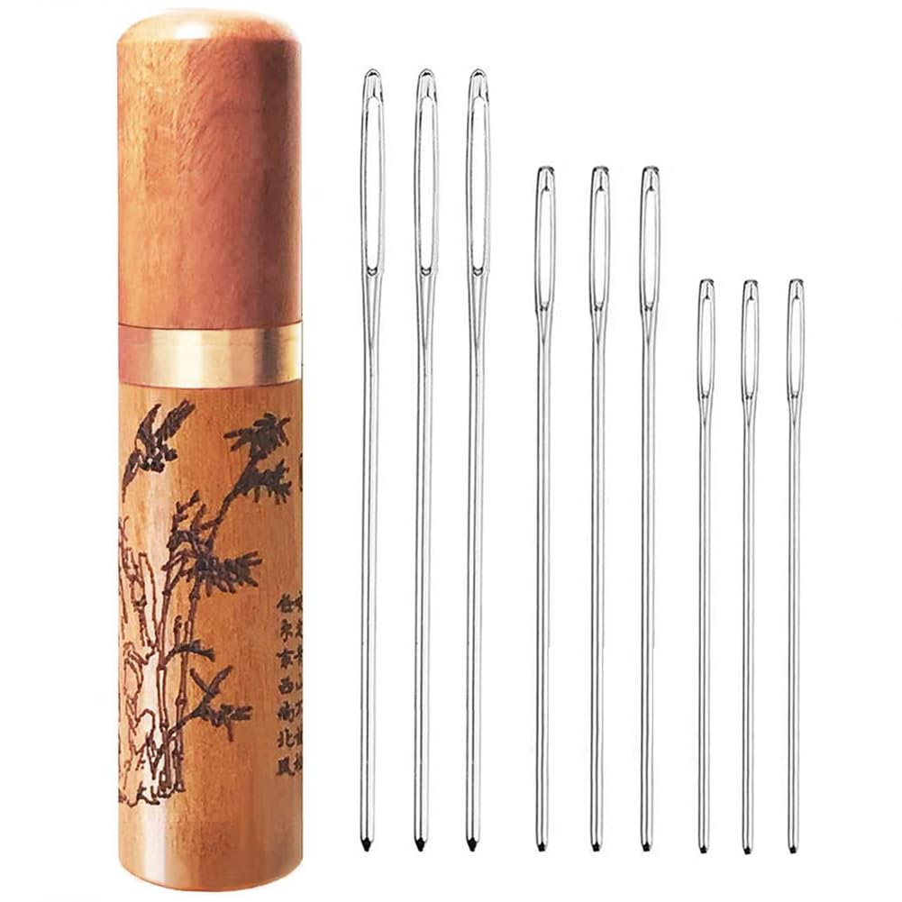 Large Eye Needles, 9PCS Yarn Needles, with Wooden Needle Case Carving Pattern