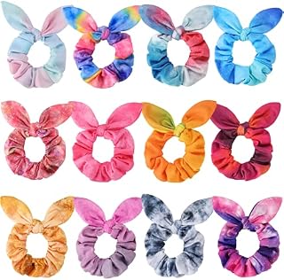 Scrunchies for Women Girls, Funtopia 12 Pcs Bow Scrunchies Bunny Ear Hair Scrunchies, Tie Dye Scrunchy Colorful Hair Ties Ponytail Holders Hair Accessories