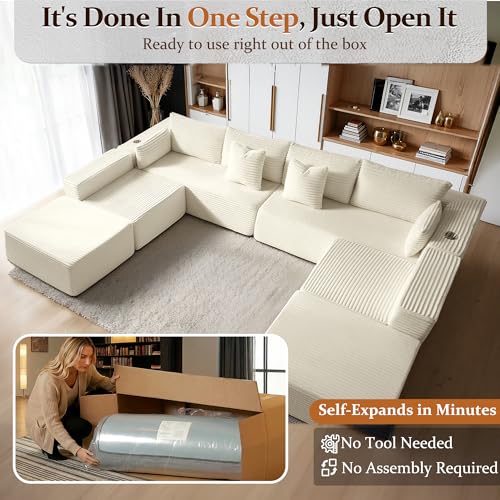 Image of 138 inch Cloud Sectional Couch, Comfort U Shaped Sofa for Living Room, Extra Deep Seats No Assembly, Minimalist Modular Couch, Corduroy (Cream, 8 Seats,U-Shape A)