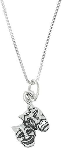 LGU Collar de plata de ley oxidada de tamaño mediano con máscara de drama teatro comedia y tragedia