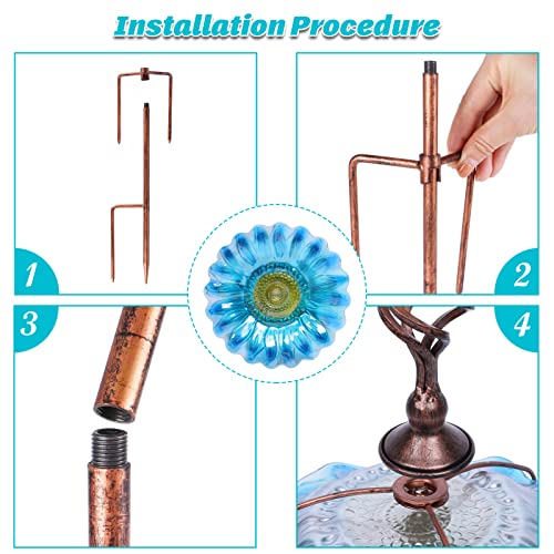 MUMTOP Vogeltränke für den Außenbereich Glas Vogeltränke Vogelhäuschen Schüssel Blumenmuster mit Metallpfahl für Gartendekoration (blau)