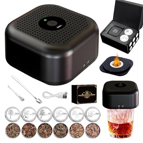 Electric Whiskey Smoker Kit with Built-in Lighter(No Butane Needed), Rechargeable Cocktail Smoker Kit with 6 Wood Chips, Old Fashioned Drink Smoker Kit, Bourbon Whiskey Gifts for Men