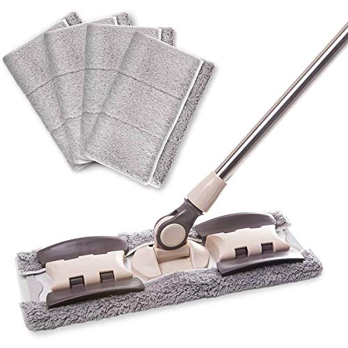 Mopa plana equipada con 4 almohadillas de fregona manos libres, rascador giratorio de 360 grados, marco de fregona de aleación de aluminio fácil de girar, color marrón (marrón)