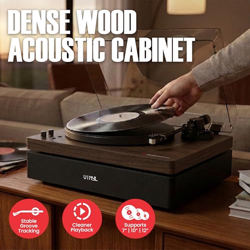 Image of AudioSource Vinyl Record Player, All-in-one Turntable with 2.1 Channel Built-in Speaker, Bluetooth 5.4, 120W, Built-in Subwoofer, High Fidelity 2-Speed Belt Drive, Patented Isolation System, Walnut