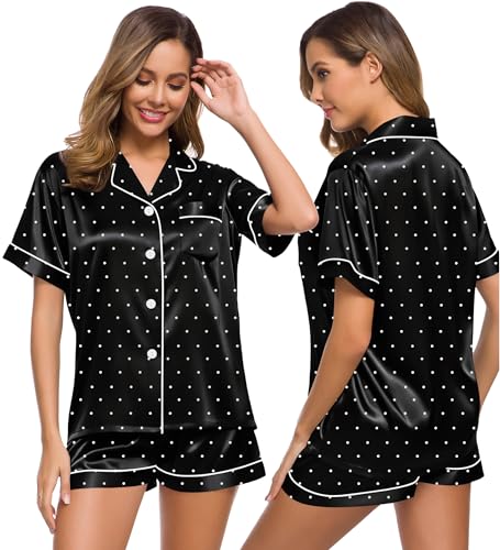 Image of SWOMOG Womens Silk Satin Pajamas Set Short Sleeve Sleepwear Button Down Top and Shorts Loungewear 2 Piece Pjs Set XS-3XL