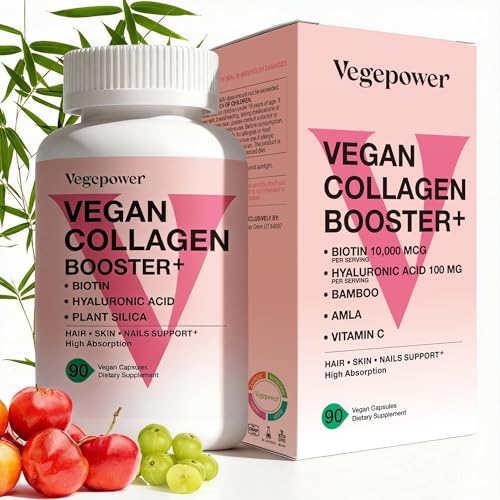 VEGEPOWER Vegan Collagen Booster with Biotin 10 000 mcg Hyaluronic Acid Bamboo Silica Vitamin C & Zinc Plant Based Hair Skin & Nails Support for Women & Men 90 Vegan Capsules