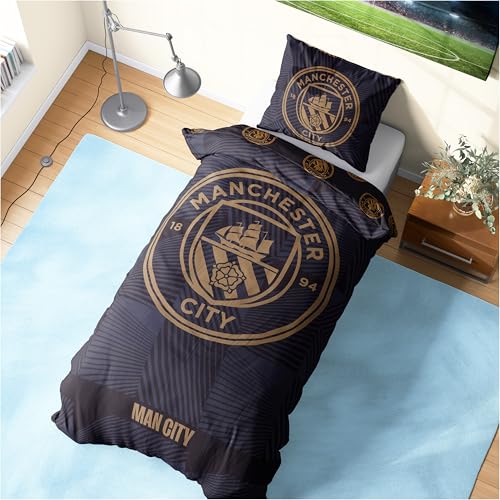 Get Trend Manchester City FC Parure de Lit 1 Personne, Réversible Housse de Couette avec Taie Oreiller, Literie pour Chambre (Noir Manchester City, Simple)