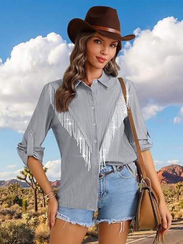 Image of MYMORE Womens Sparkly Fringe Shirt Western Cowgirl Country Concert Outfit