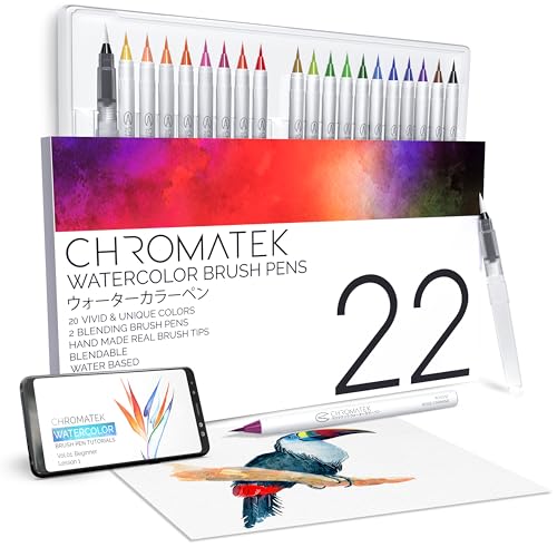 CHROMATEK 22 Watercolor Pens Set | 2 Aquapens & 20 Unique Colors | Brush Pens | Easily Blendable Vivid Smooth | Professional Art Supplies