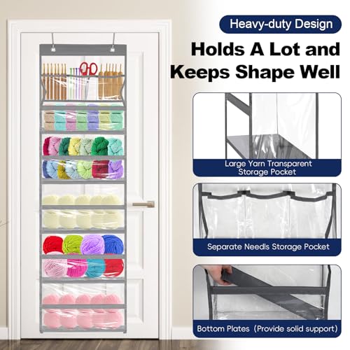 Image of Hanging Yarn Storage Organizer - Over the Door Crochet Organizer Shelves with 5 Yarn Pockets & 3 Top Knitting Needle Pockets, Large Capacity Clear Yarn ball Holder