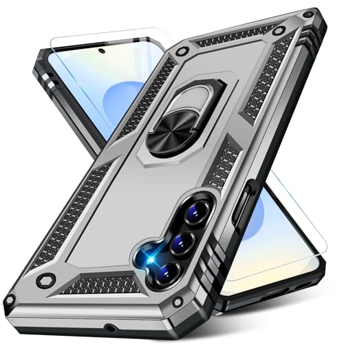 Image of Heavy Duty Case for Samsung Galaxy S25 Phone Case with Screen Protector, Military Grade Shockproof Rugged Protective Cover for Samsung S25, with Metal Ring Magnetic Kickstand (Silver)
