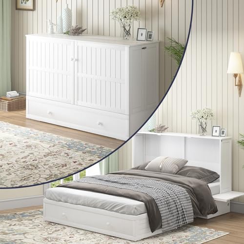 ijuicy Murphy Bed, Queen Size Cube Cabinet Bed w/Foldable Memory Foam Mattress/USB Charging Station/Large Drawer & Side Storage Board for Guests/Bed Room-Cream White