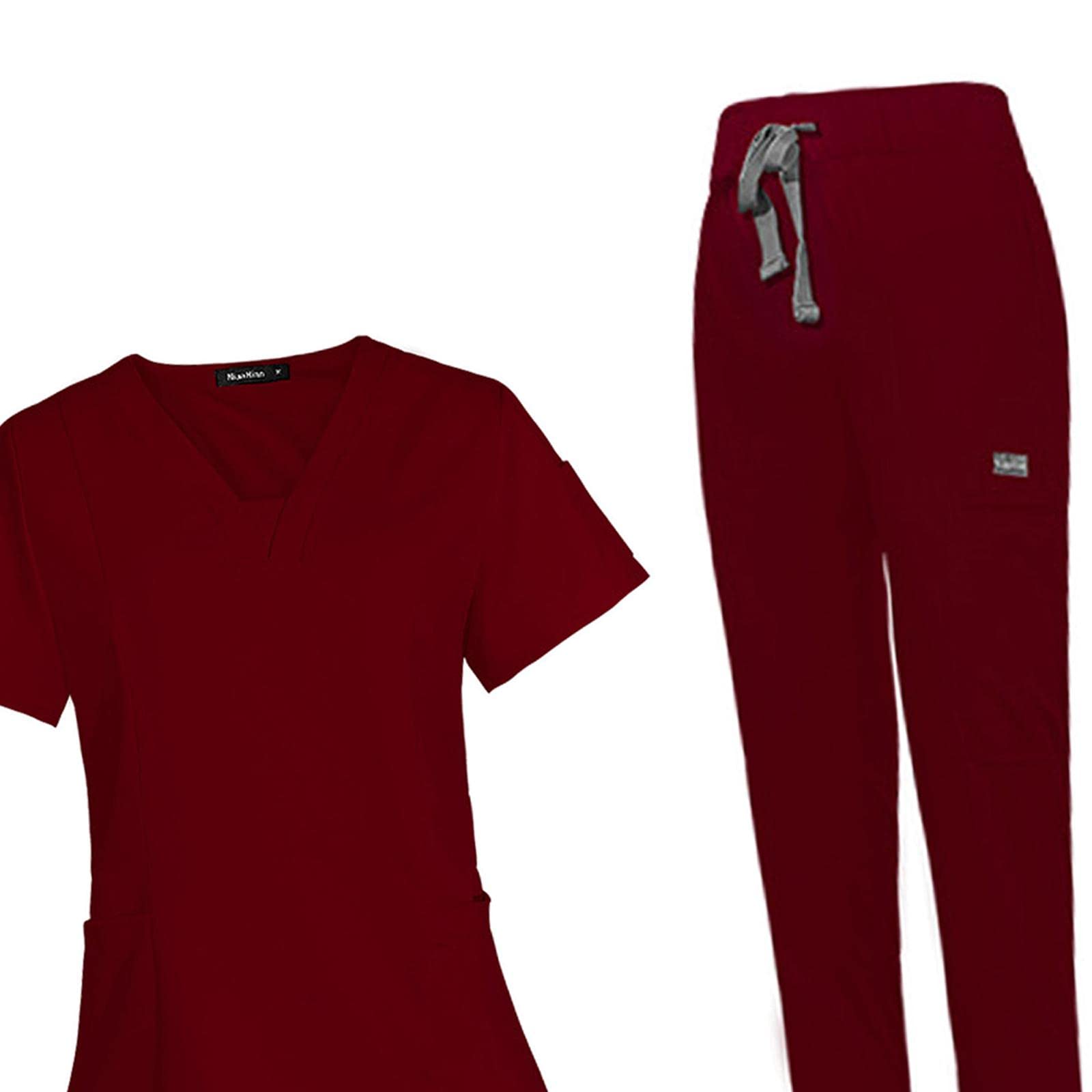 Top Mujeres Conjunto de Uniforme de Enfermería con Pantalón Jogger y Bolsillos Masajeadores Material Suave de Poliéster Lavable Adecuado para Trabajo, Rojo, l