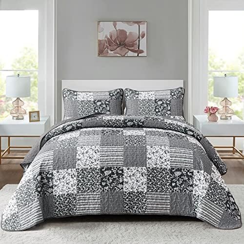 Mybedsoul Black Grey Boho Quilt Set Queen Size,3 Pieces Plaid Floral Bedspread Coverlet Set for All Season,Patchwork Reversible Bedding Set Queen 90"x90"