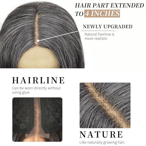 Image of AISI HAIR Gray And White Wig for Women, Long Wavy Lace Hairline Middle Part Synthetic Heat Resistant Wig for Daily Party-26 Inch