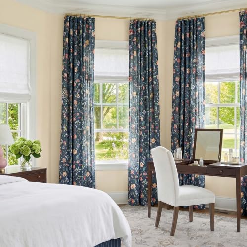Image of jinchan Custom Size Curtain Dark Blue Floral Linen Curtain Back Tab 1 Panel