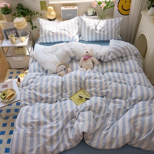 Image of VM VOUGEMARKET Queen Duvet Cover Set Blue White Striped Teens Boys Dorm Bedding Set Soft Lightweight Reversible Microfiber Farmhouse Duvet /Quilt Cover with Zipper-90 x90,Blue White