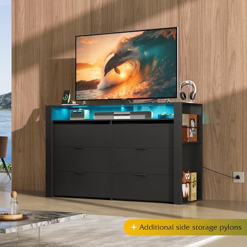 Image of WLIVE 6 Drawer Led Dresser for Bedroom, 51 inch Black Wood Dresser Storage Organizer with Charging Station for 55 inch TV, Dressers with Open Shelves, Hanging Rack, Chest of Drawers for Closet, Living Room