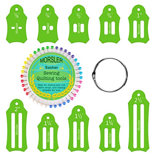 Morsler Jelly Roll Sasher Tool Set, 10 pièces Multi-Tailles Sasher pour Pliage de Bandes de Tissu et polariser, Viens avec 40 pièces de Broches Quilting Multi-Couleur et chaîne de Stockage