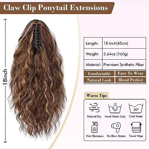 PORSMEER Claw Clip in Ponytail Hair Extensions 18 inches Long Curly Brown Ponytail Multi Layered Natural Fluffy Wave Synthetic Hairpiece for Womens Girls Everyday Wear - Image 3