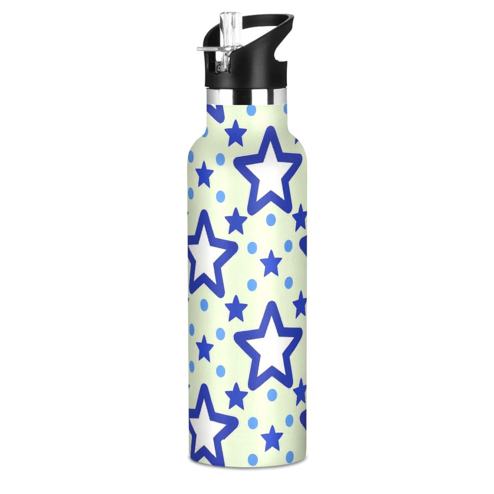Blue Stars Dot Yellow Lightweight Kids Metal Water Bottle with Handle Keeps Hot and Cold for School Boys